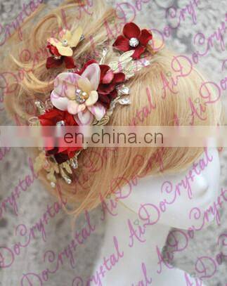 Aidocrystal Red with gold color Wedding Accessory Set Of 3 Hair Clips Bridal accessory handmade Hair Lace Flower Clip for girls