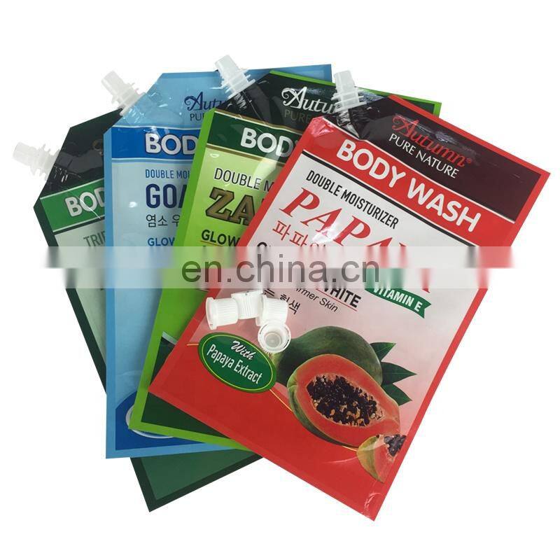 Plastic stand up nylon pouch packing body wash goat milk gel liquid packaging spout bag with cap