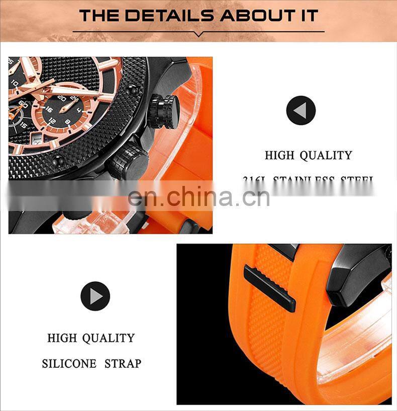 High quality rose gold case blue dial and silicone band dress steel chronograph sports watch men custom logo