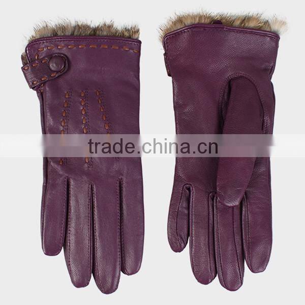 women basic style handmade leather glove rabbit fur lined leather glove