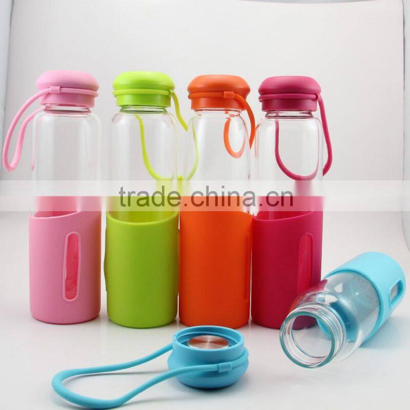 400ML Mochic crystal anti-slip silicone smart flat glass water bottle