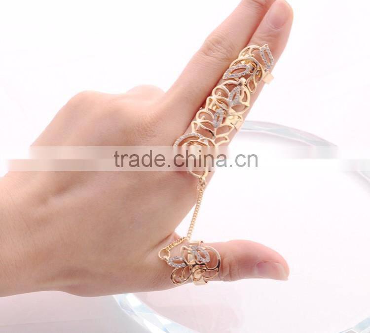 >>>2016 YIWU T&J New European style Vintage Punk Rings For Women Men Gold Plated rhinestone double finger chain Ring Sets/