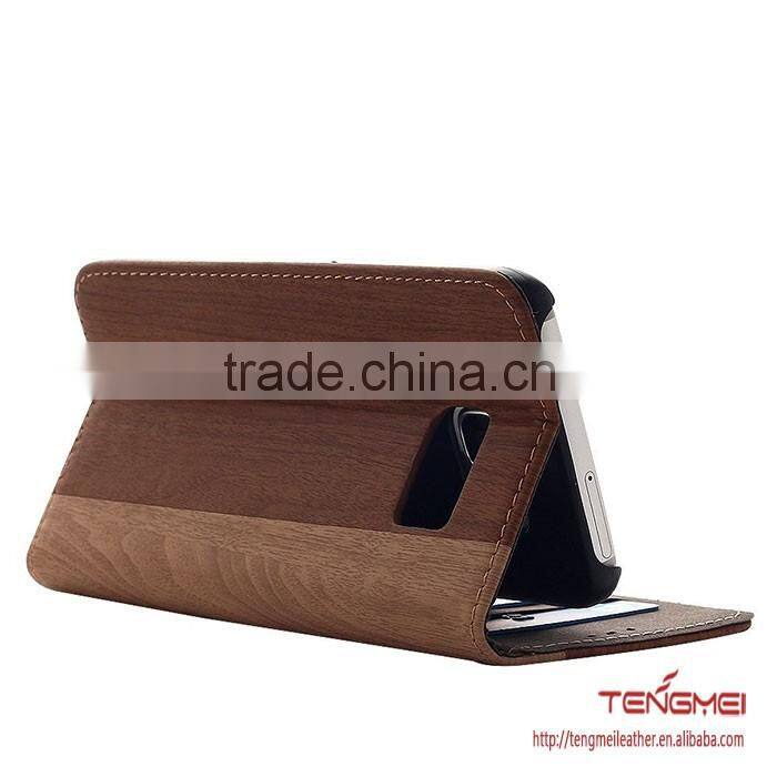 Wood grain PU leather wallet case stand cover for samsung galaxy s7 edge