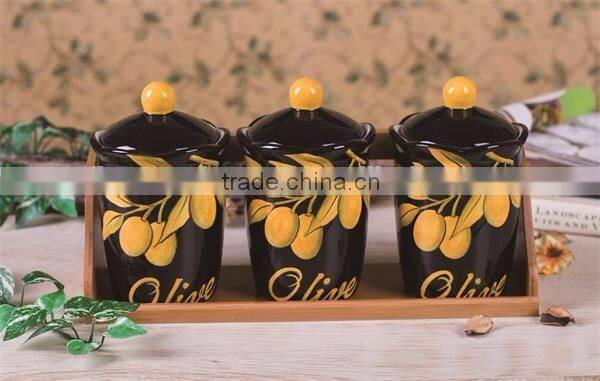 Olive Handpainted Ceramic Tea Coffee Sugar Canisters Set with Bamboo Stand