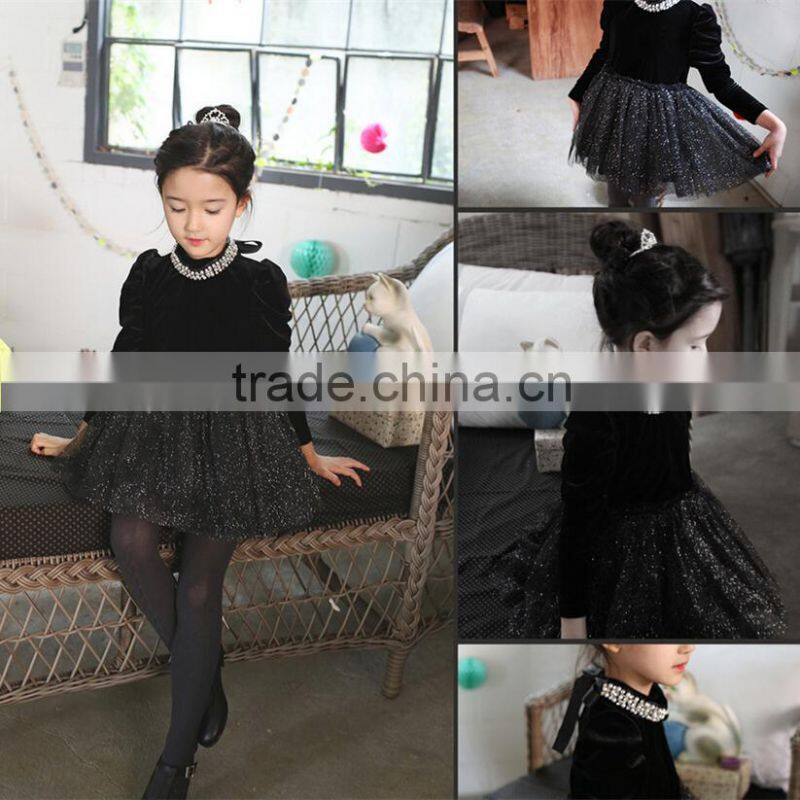 pearl neck long sleeves baby girls dresses velvet