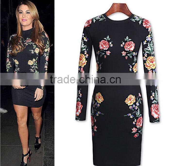 2016 Autumn New Arrival 3D Floral Print Stand Collar Bodycon Dresses Black Long Sleeve Midi Dresses OXL141117