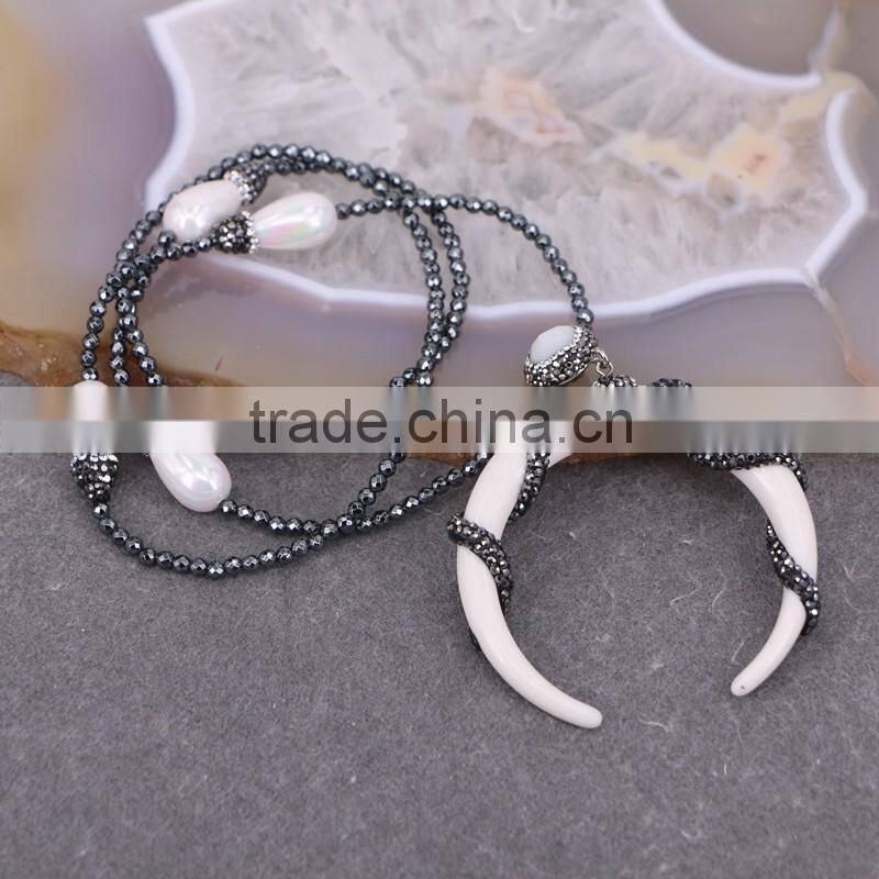 Fashion Drop Pearl Shell Gemstone Necklace, Double Horn Pendant Hematite Beads Necklace