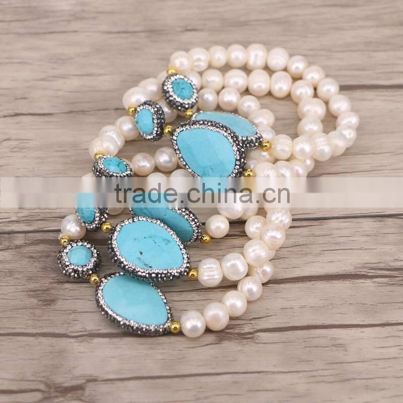 Mother Of Pearl Beaded Gemstone Druzy Bracelet, Natural Turquoise Stone Pave Crystal Rhinestone Jewelry