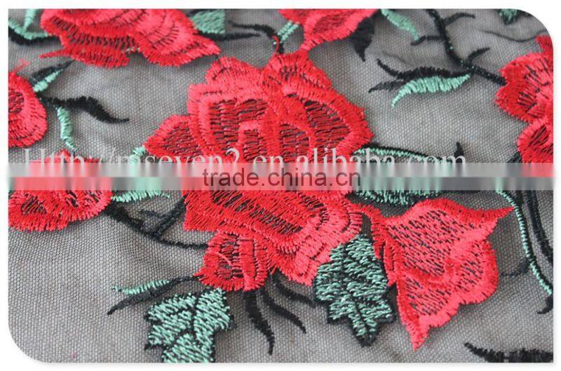 High quality fashion design red rose lace fabric embroidery for garment