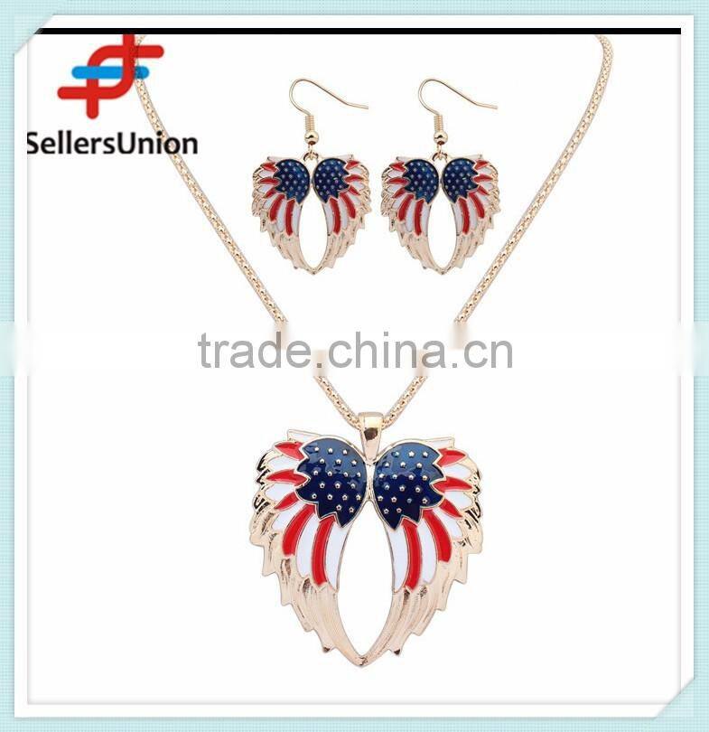 No.1 yiwu & ningbo exporting commission agent wanted wings pattern heart design european style chain necklace and earrings set