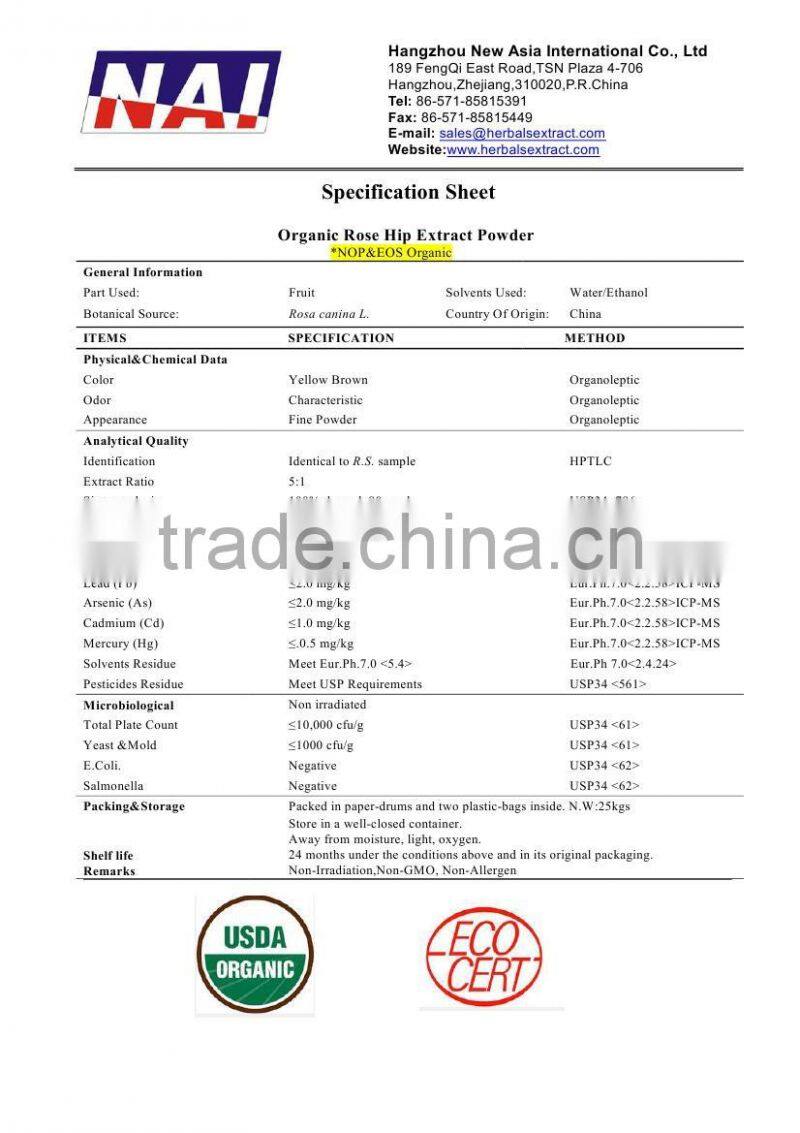Organic Rose hip Extract Powder,NOP EOS Organic,100% ID,Non-Irradiation,Low Contaminants of Aflatoxin,PAHs,Heavy Metal