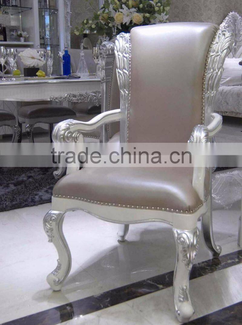 Empire Style Edge Dedicated Carved Armless Dining Chair with Silver Foil, Neoclassical Leather Chair
