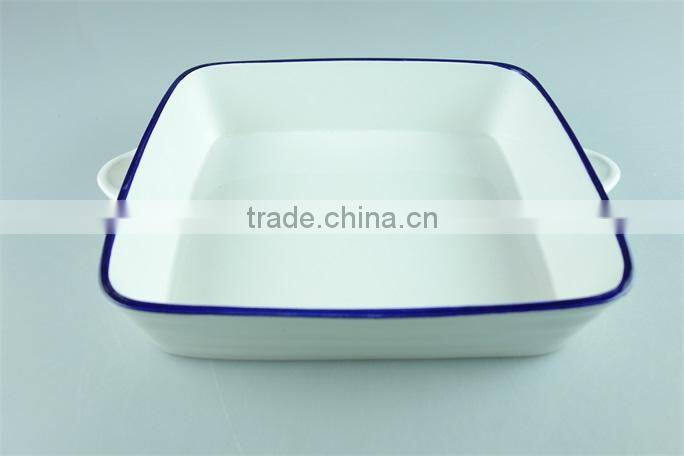 White blue line zakka style enamel ceramic baking dish with handles rectangular baking dish