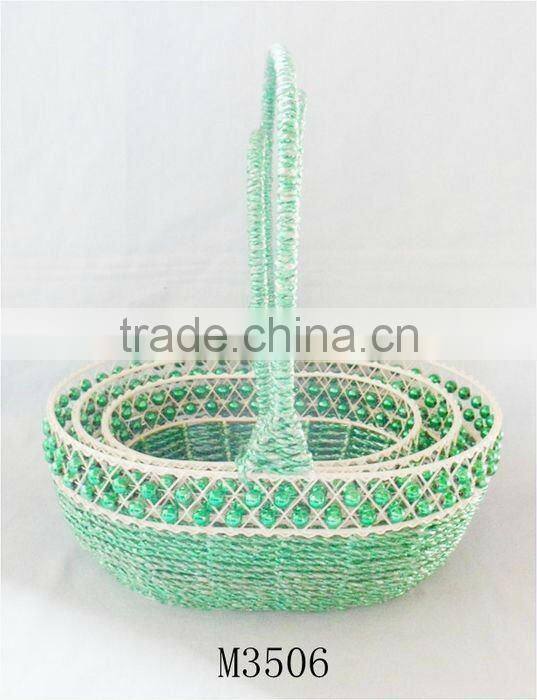 Set of Three Green Paper rope storage basket with bead