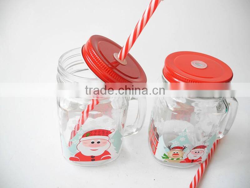 offset printing surface glass mason mug with christmas snowman decal and crown cap