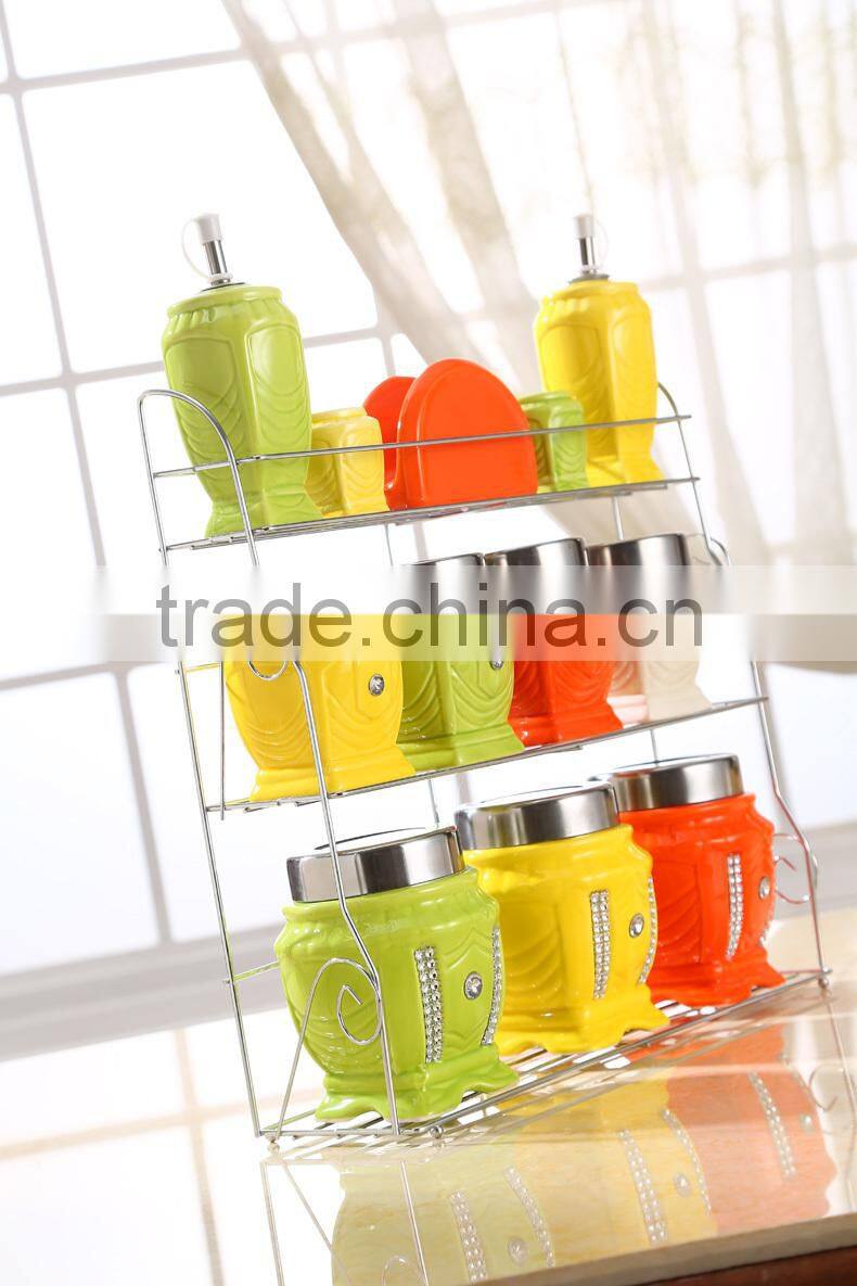 colour ceramic canister set with stainless metal stand