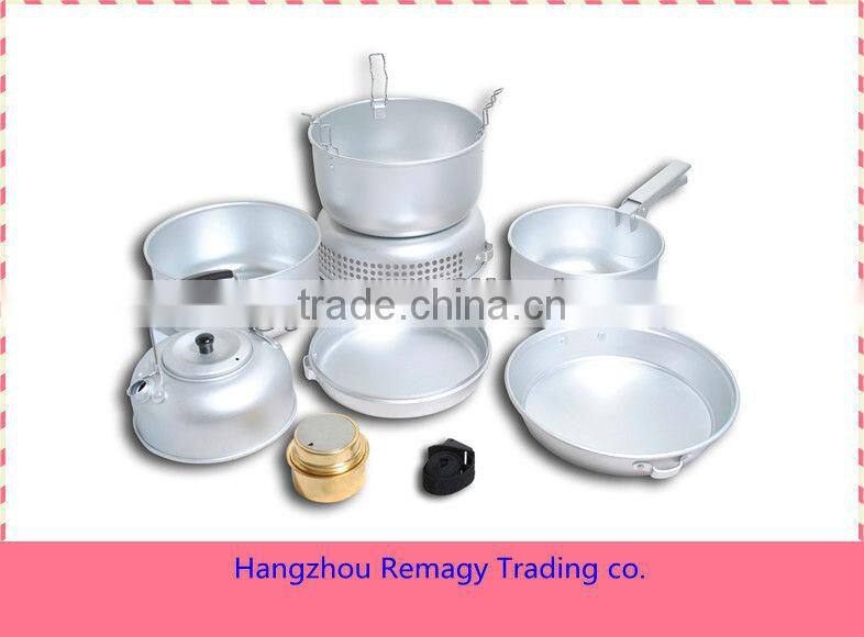 new 10pcs aluminum camping cookware set with alcohol burner