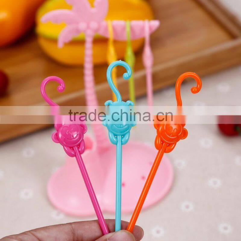 Factory best price ABS colorful disposable top quality animal mokey shape plastic fruit fork