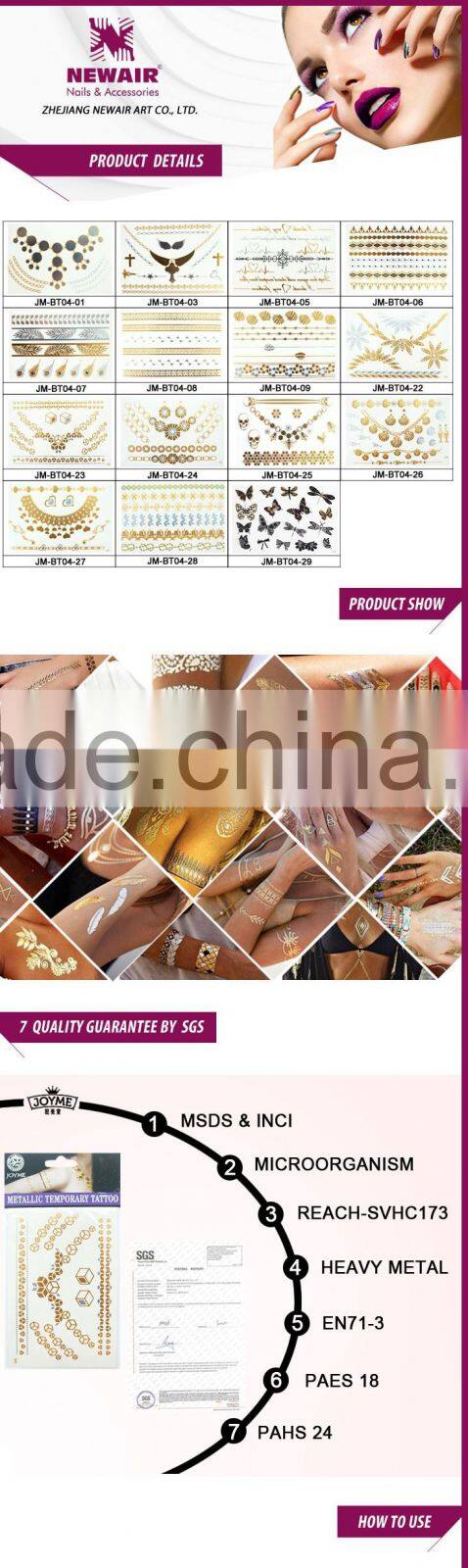 Eco-friendly flash gold metallic fluorescent body skin safe temporary tattoo sticker