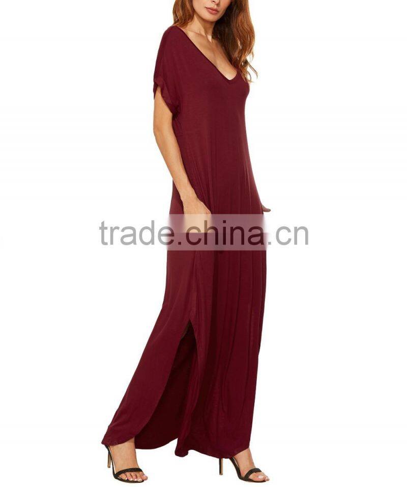 Guangzhou Clothing OEM Red Pocket Split Dress Pictures Of Latest Elegant Designs