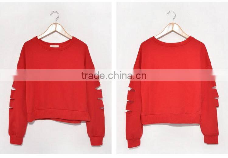Custom latest design 100% cotton ripped cut long sleeve blank oversized sweatshirt for women