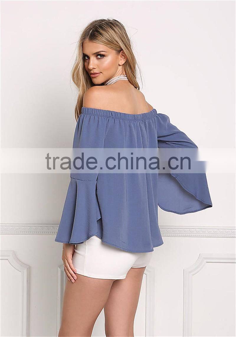 MGOO New Custom Designs Plain Blue Blouses Off Shoulder Long Sleeves Flare Opening Fashion Viscose blouses
