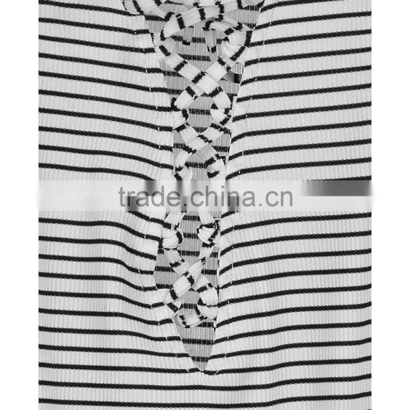 2016 New Fashion Lace Up Front Sleeveless Bodysuits Young Girl Black White Stripe Women Tops