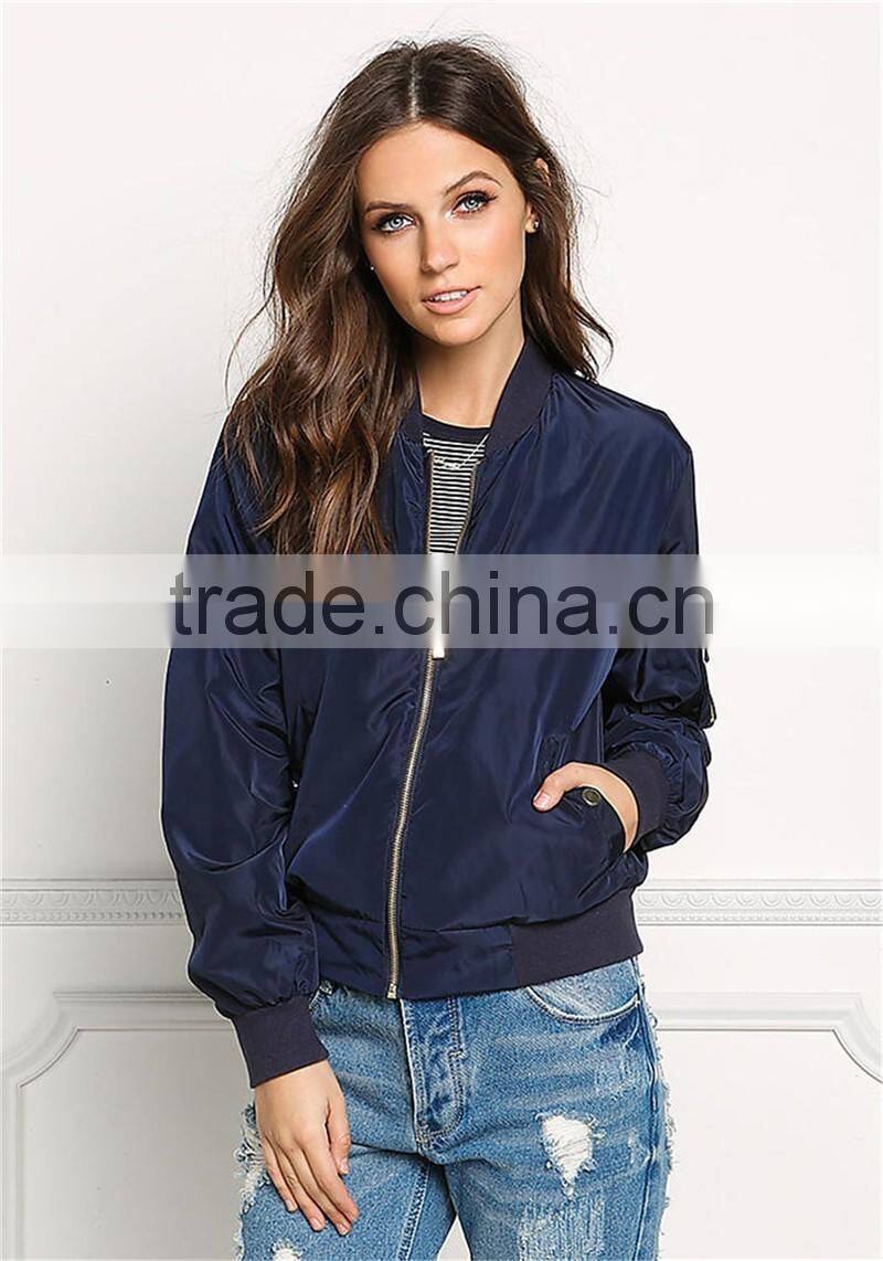 MGOO 2017 New Style Fashion Small Zip UP Bomber Jackets Women Custom Pockets Long Sleeves Coat With Padded