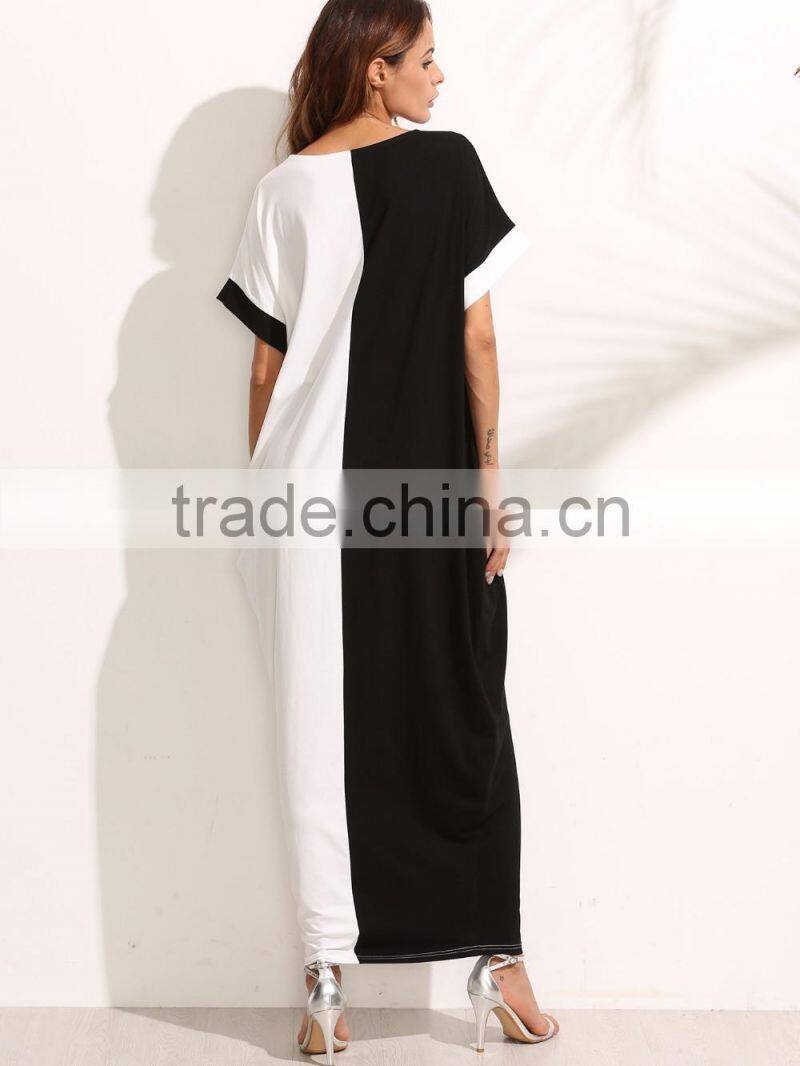 Colorblock Pocket Short Sleeve Maxi Dress 100% Cotton Two Color Contrast Sewing Casual Tee Dress