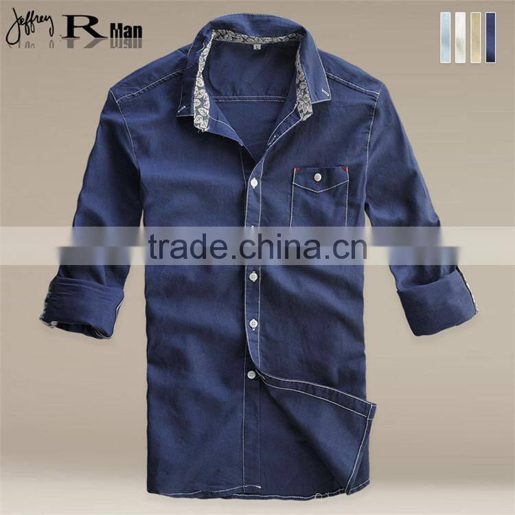 2015 100%cotton Customized feather Embroidered slim fit men dress basic shirt wholesale
