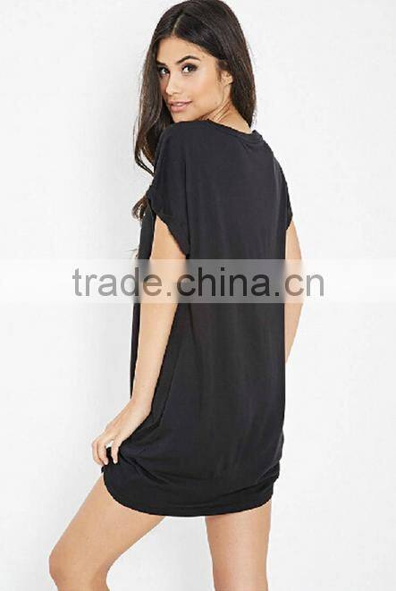 cheapsale summer printed ladies loose solid black color casual evening dress jersey china supplier