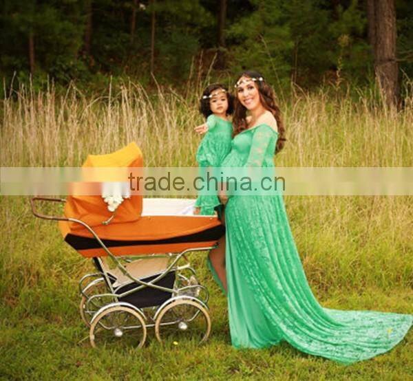 Mommy And Daughter Turquoise Lace Dress Maternity Floor Length Lace Eyelash Gown Dress