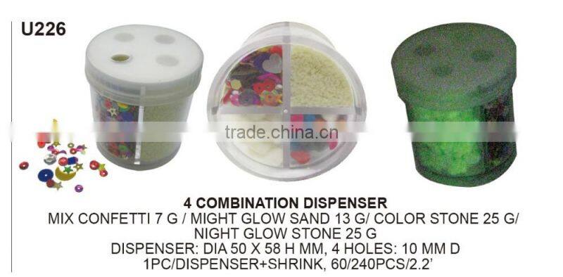 4 Style plastic craft material colored glow sand, stone, sequin W/ combination dispenser