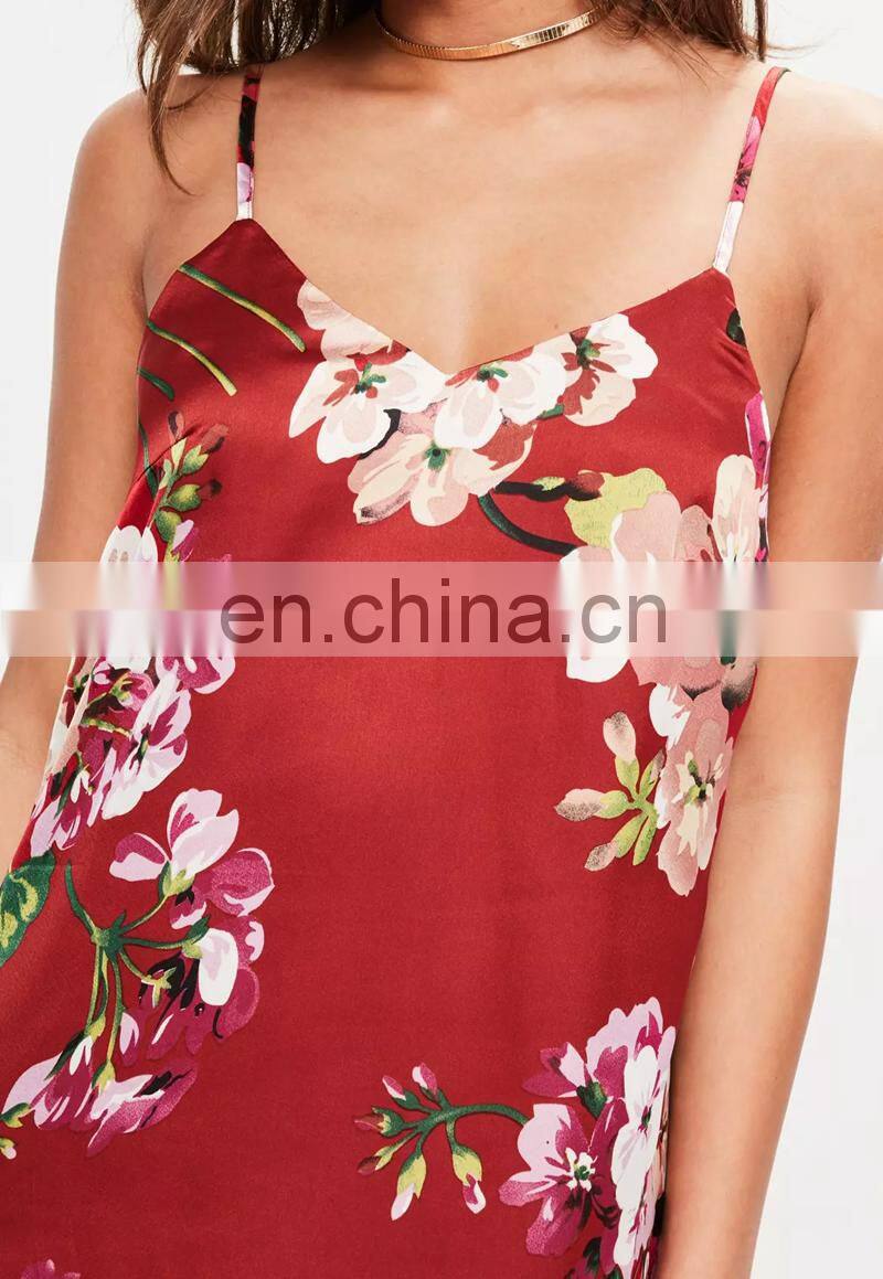 Mature Women Sexy Red Based Floral Print Mini Dress with Thin Straps