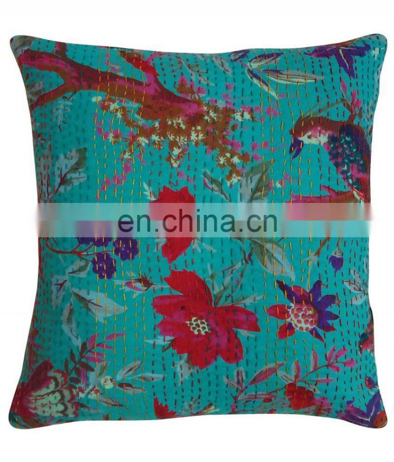 Indian Bird Printed Cushion Cover Bird Of Paradise Kantha Cushion Cover