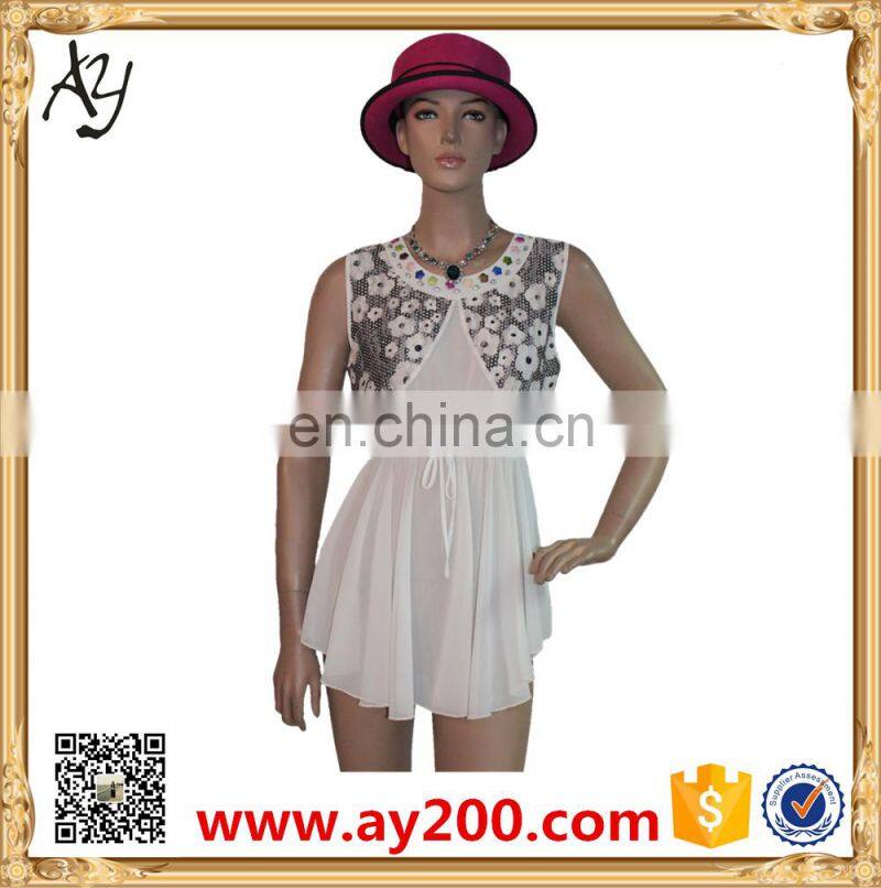 2016 Short sleeve design floral printed style chiffon long shirt white colors shirts for womem