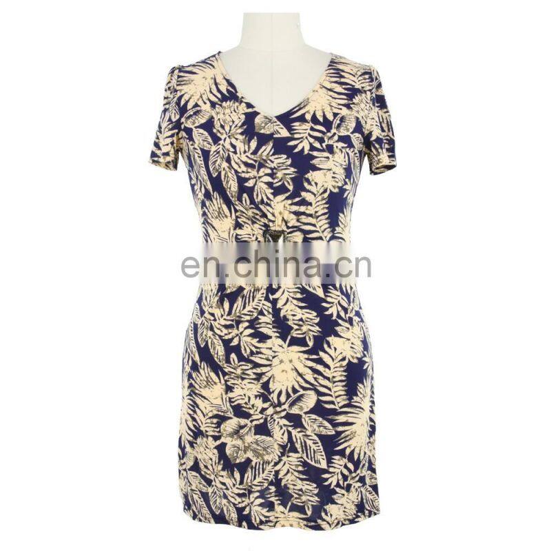 Big Leaves Print Mid-aged Women Summer Dress Chinese Apparel