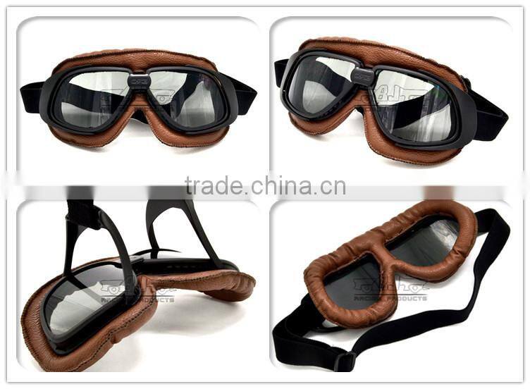 BJ-GT-008 Super Light Weight Brown Leather Tea Lens Motocross Goggles Custom
