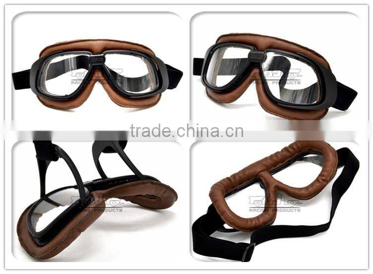 BJ-GT-008 Newest Custom Brown Leather Clear Lens Motocross Goggles