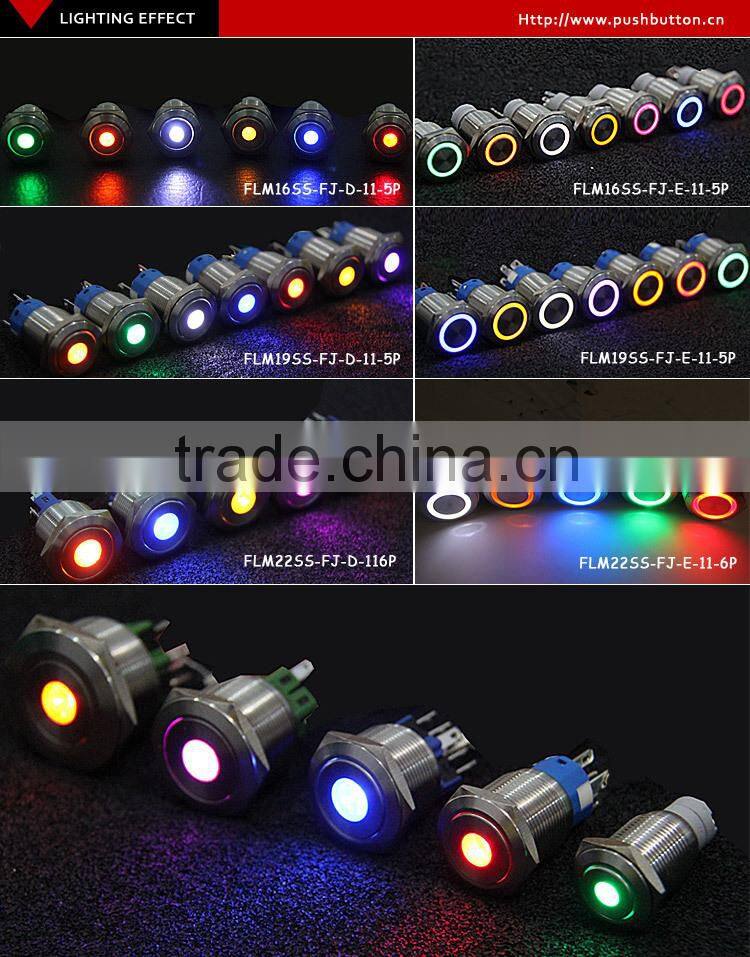 19mm stainless steel Flat Actuator electrical pushbutton switch with 6vdc ring Orange LED