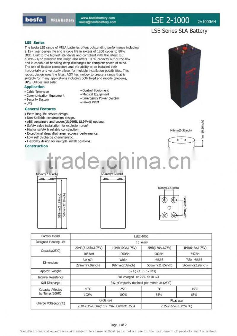 lead acid solar storage battery 2v1000ah vrla telecommunication system battery for solar