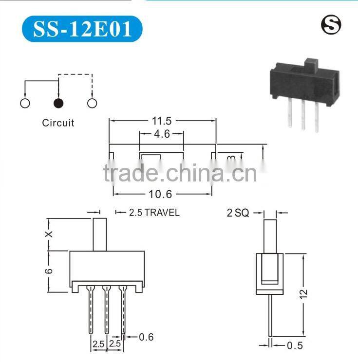 High quality 1P2T 0.3A 50V DC slide switch