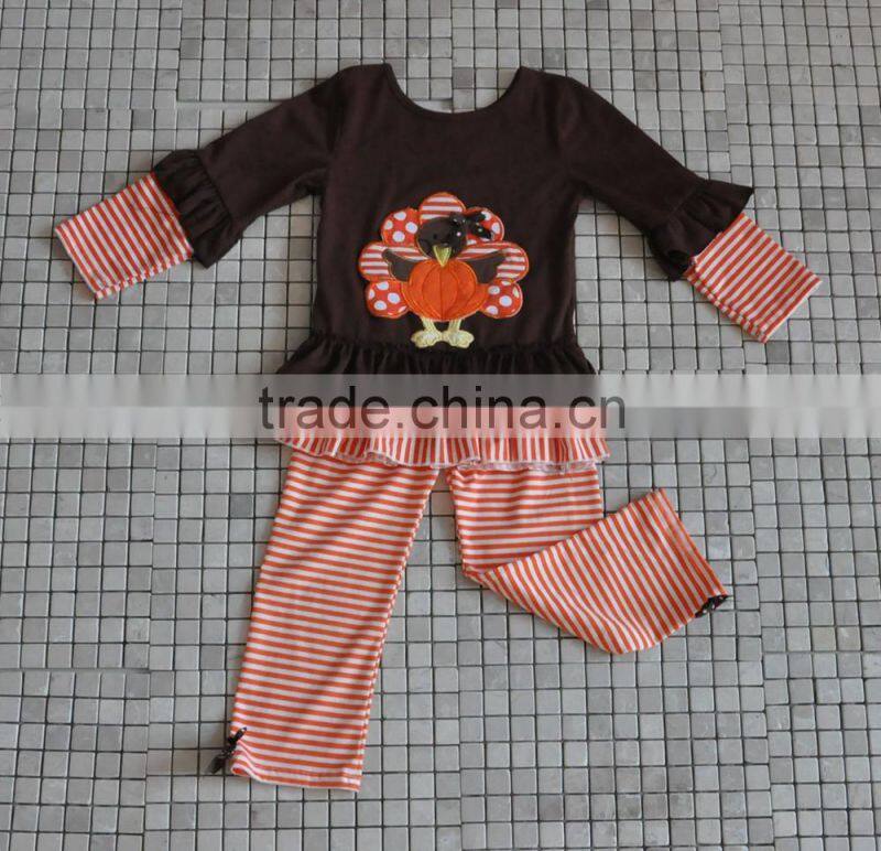 Wholesale childrens boutique clothing turkey embroidery ruffle baby girls thanksgiving outfits