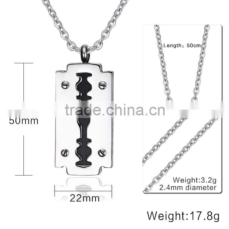 Mens Polished Stainless Steel Carbon Fiber Razor Blade Brushed Dog Tag Pendant Vintage Punk Necklace