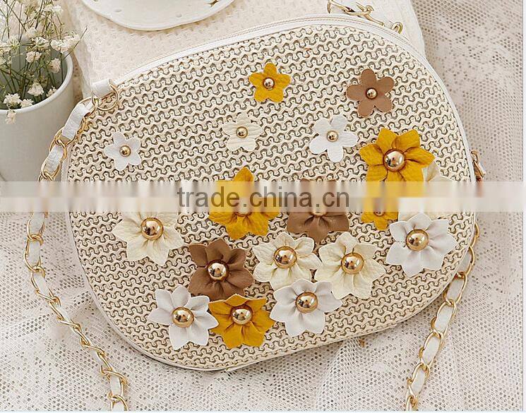 2016 Ladies Paper straw with flower lady straw basket beach bag with string