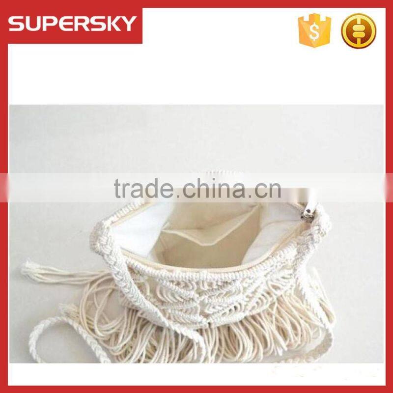 B903 Handmade crochet tassel white single shoulder lady bag bohemia beach retro tassel female bag