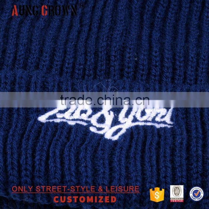 acrylic embroidered mens knit beanie pom pom hat