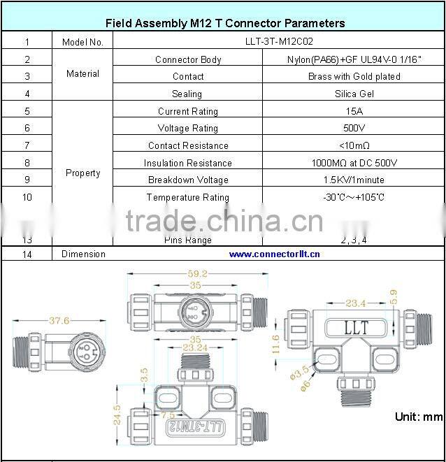 LLT Easy Installable M12 series T connector Outdoor lighting electrical Tee Connector