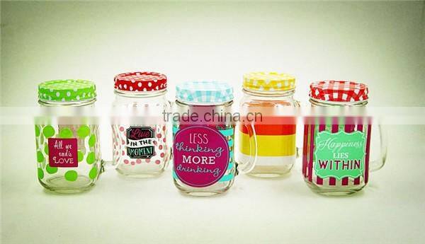 Colored Clear glass mason jar mug with handle and straw lid