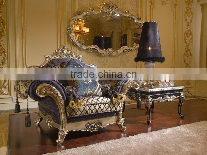 Unique Design Fine Carved Silver Foil Sofa Set, Printed Purple Color Wide Arm Sectional Sofa Set